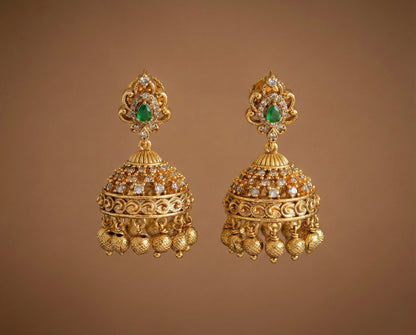 Antique gold tone cz green jhumkka dj-52547