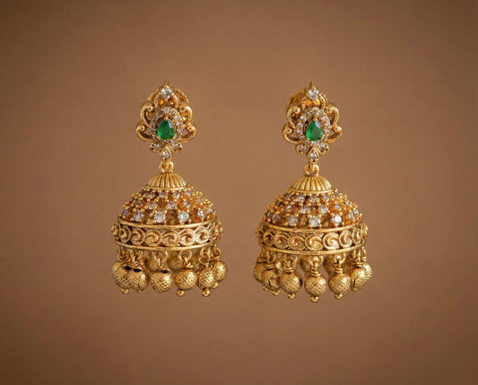 Antique gold tone cz green jhumkka dj-52547