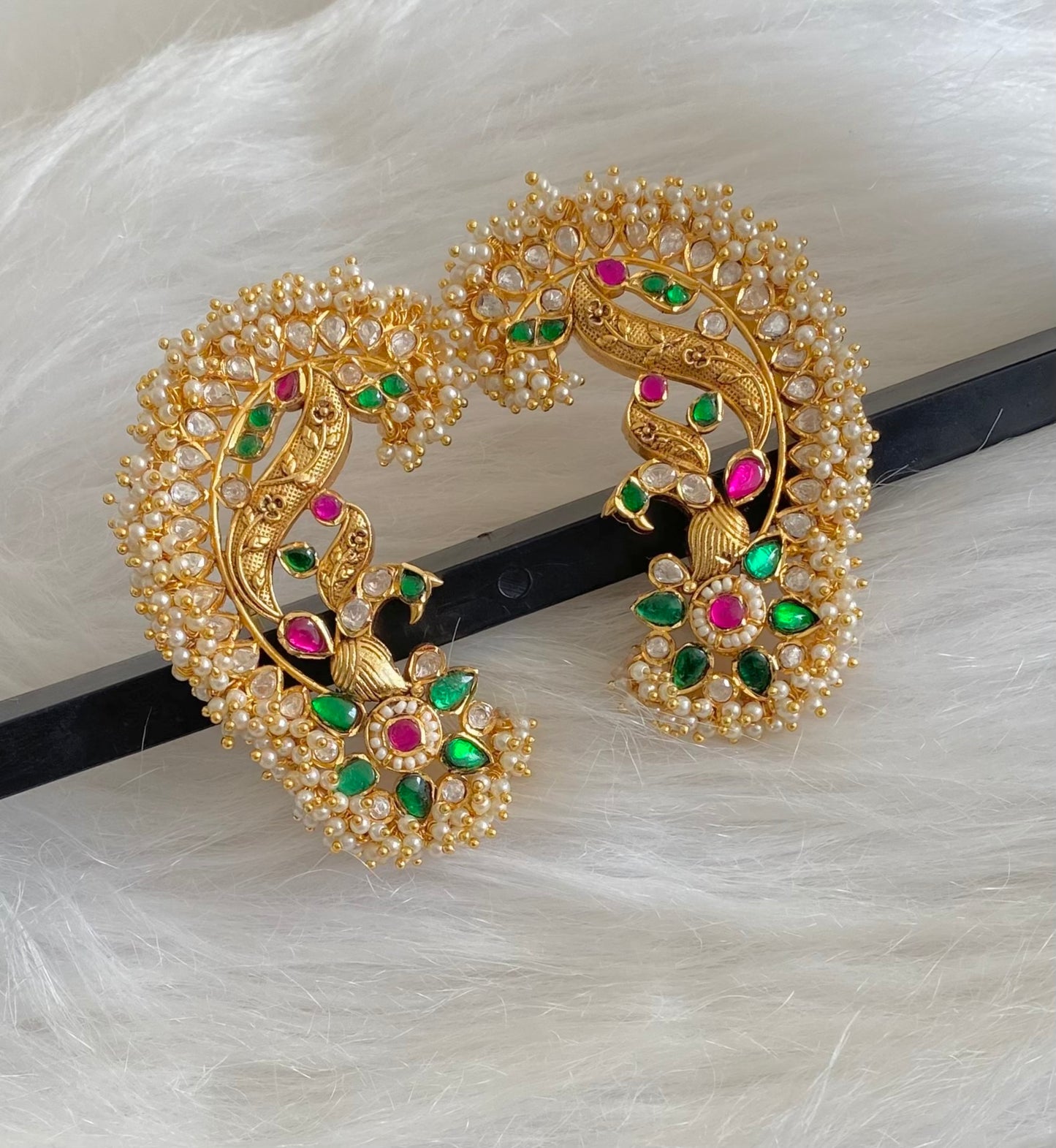 Gold tone green-pink-white kundan jadau big peacock khanpool earrings dj-54573