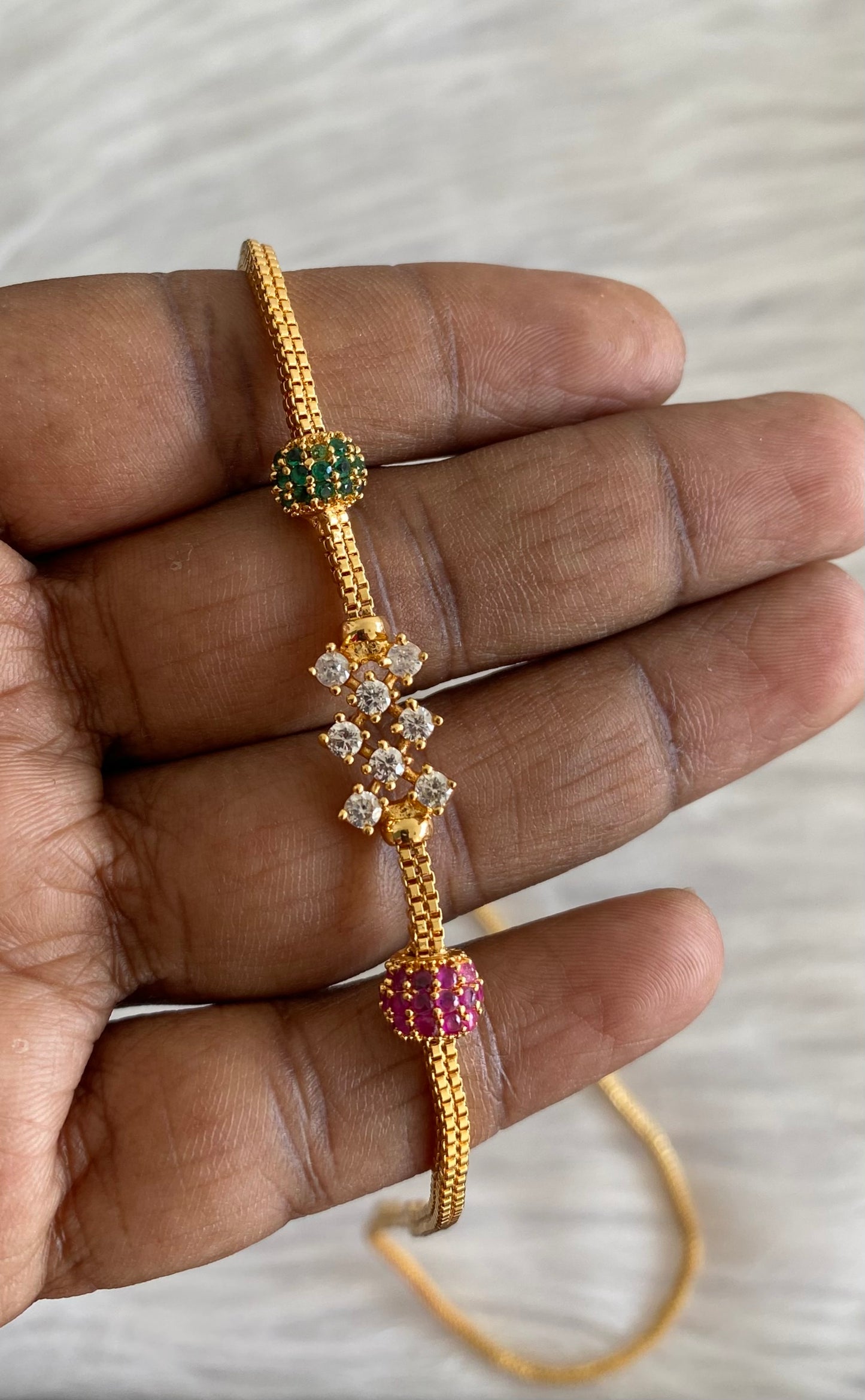 Gold tone ruby-green-white stone mugappu chain dj-54119