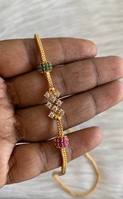 Gold tone ruby-green-white stone mugappu chain dj-54119