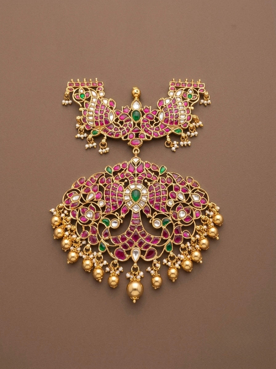 Gold tone pink-green-white kundan jadau ganda berunda pendant dj-50659