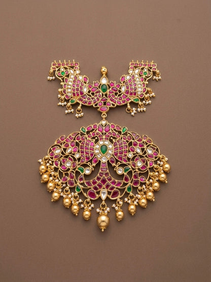 Gold tone pink-green-white kundan jadau ganda berunda pendant dj-50659