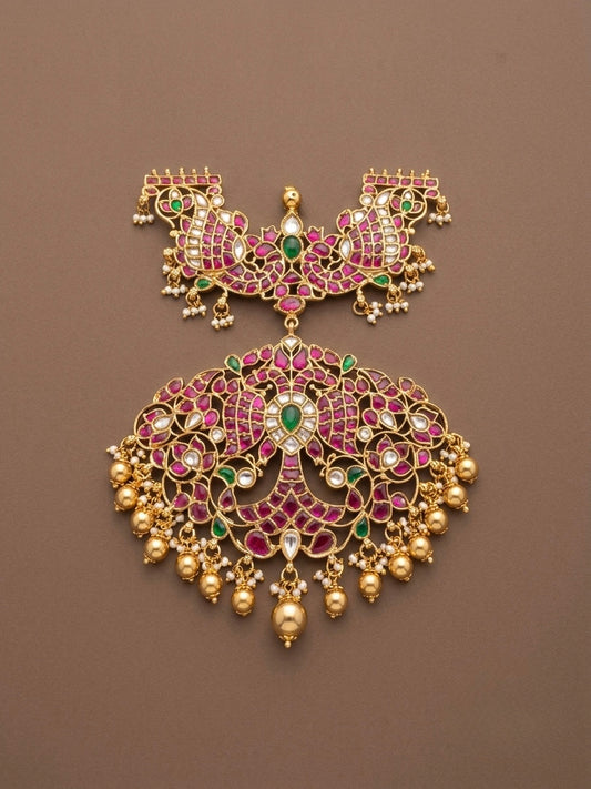 Gold tone pink-green-white kundan jadau ganda berunda pendant dj-50659