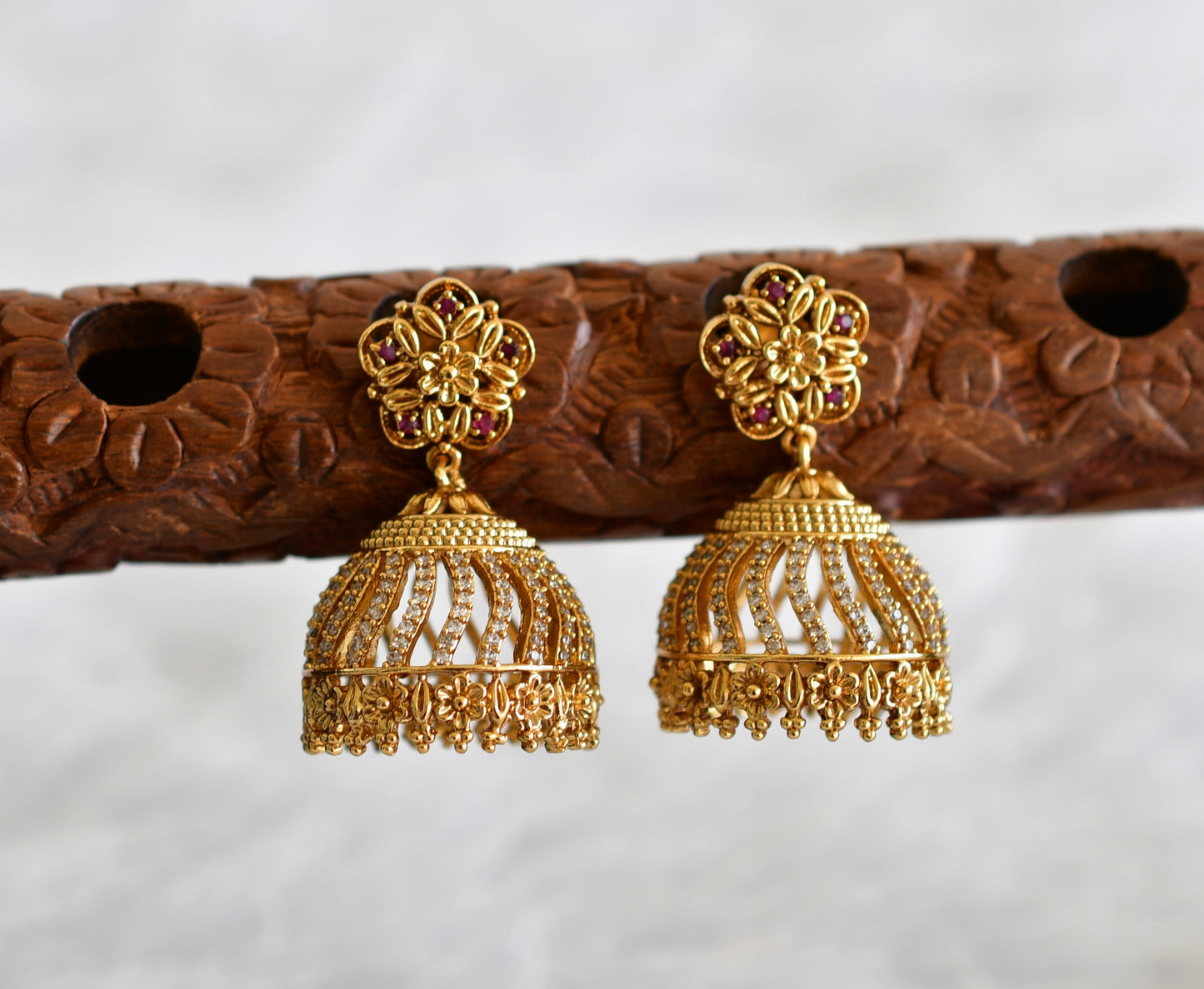 Antique gold tone cz ruby-white flower jhumkka dj-52164