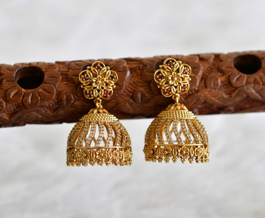 Antique gold tone cz ruby-white flower jhumkka dj-52164