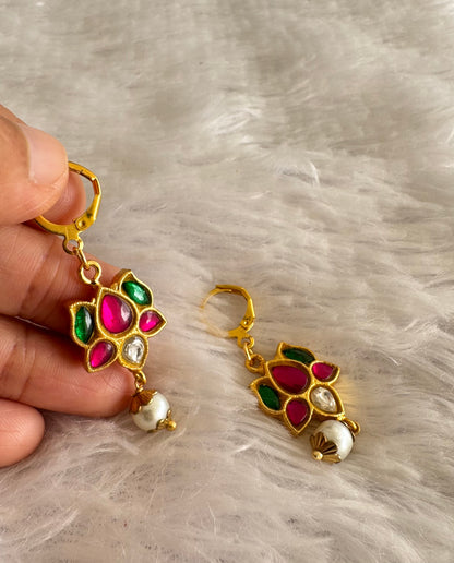 Gold tone pink-green-white kundan jadau lotus hook earrings dj-51561