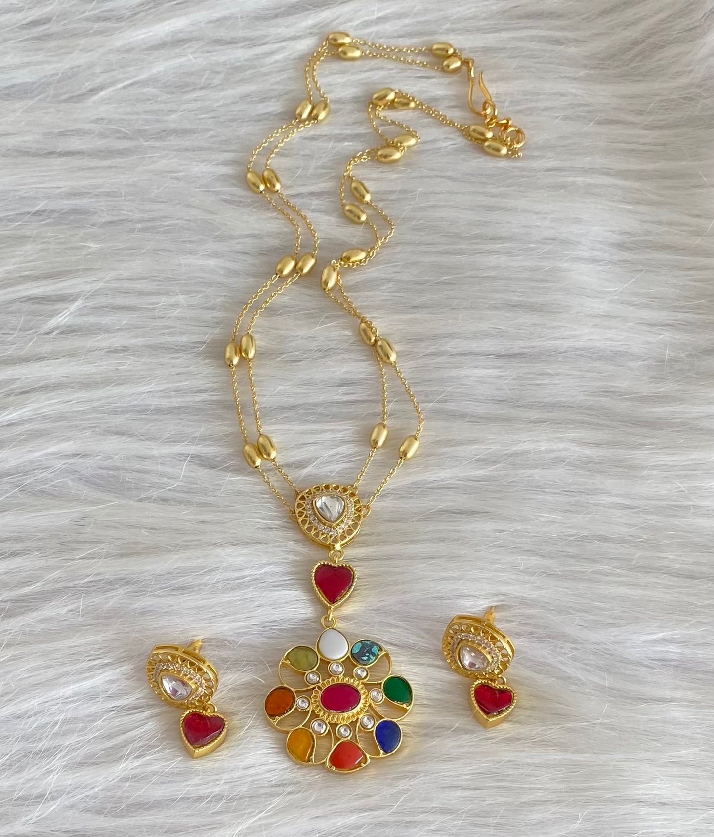 Gold tone navarathna double layer kundan jadau necklace set dj-54184