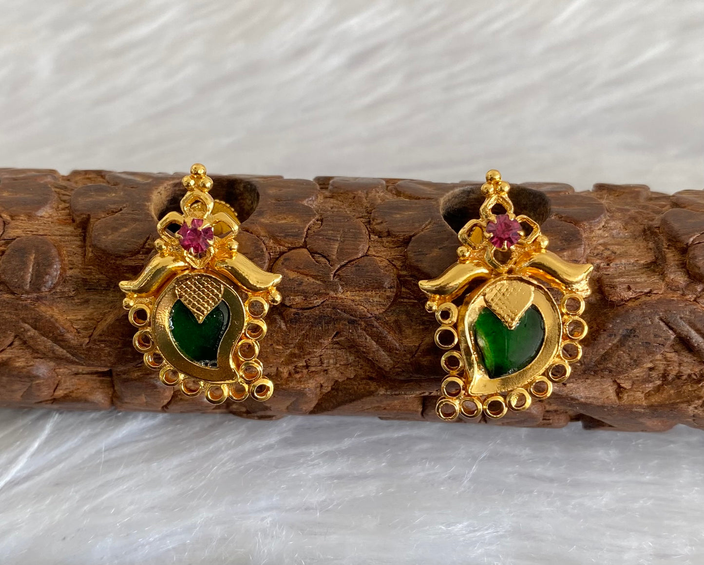 Gold tone pink-green stone mango kerala style stud/earrings dj-53113