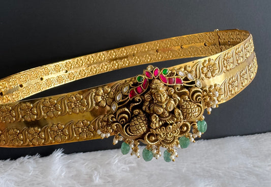 Antique gold tone pink-green kundan jadau lakshmi waist band dj-50402