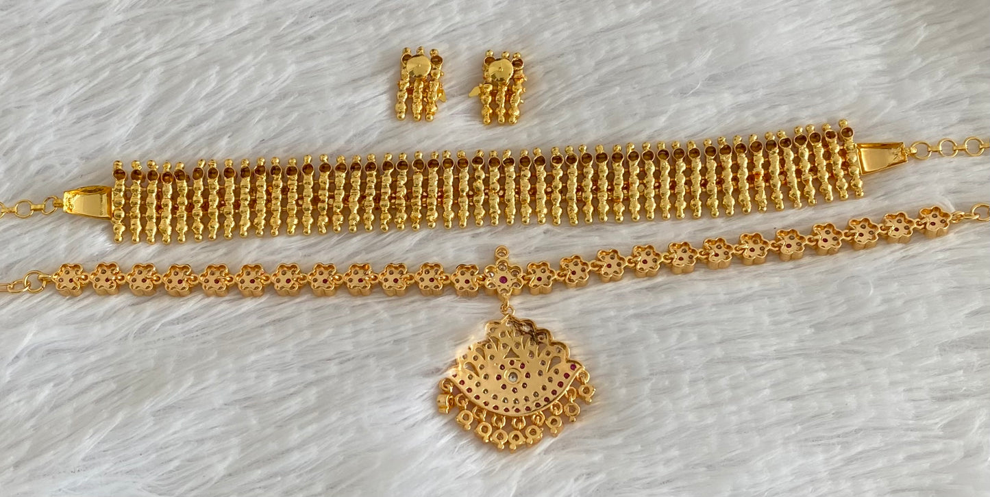 Gold tone pink-white stone combo necklace set dj-54355
