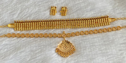 Gold tone pink-white stone combo necklace set dj-54355