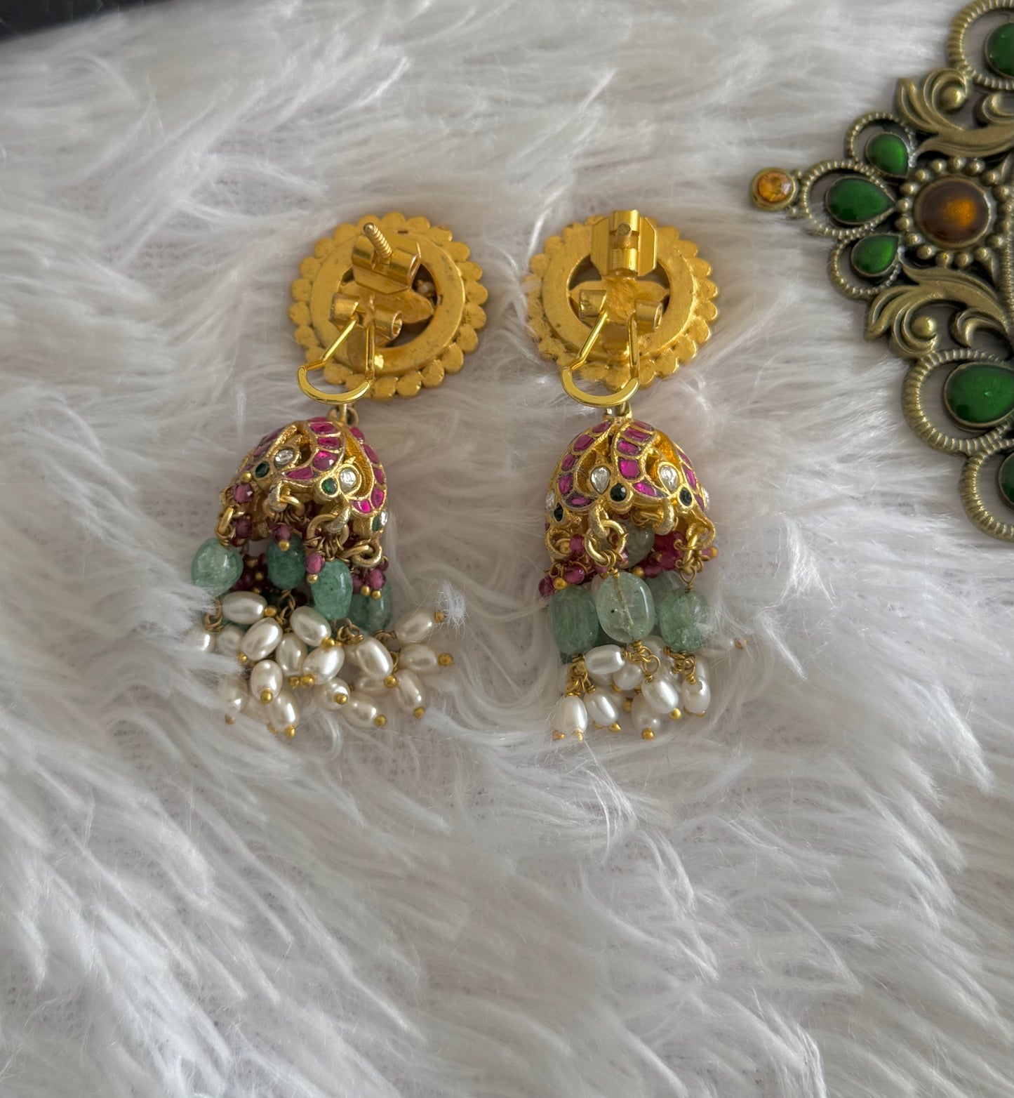 Gold tone pink-green-white kundan jadau flower green beaded jhumkka dj-51505