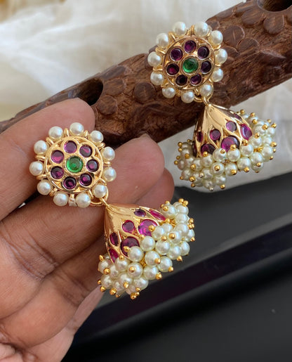 Gold tone precious kemp-green stone pearl jhumkka dj-53924