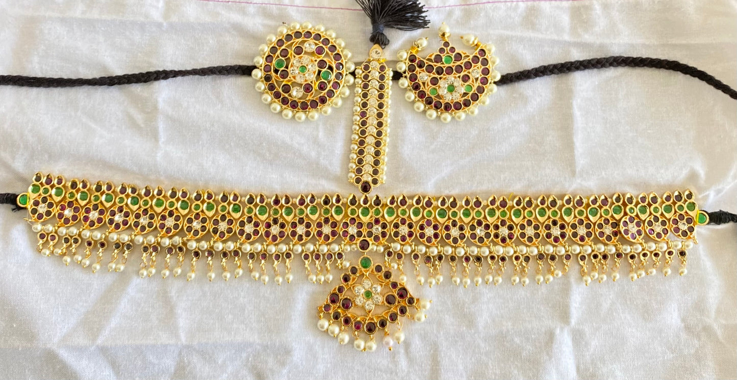 Gold tone precious kemp-green-white pearl mango tikka/head set dj-53645