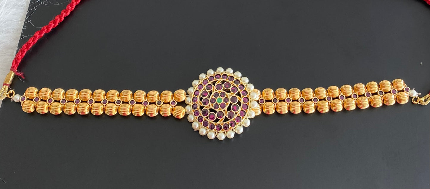 Gold tone semi precious kemp-green pearl beaded choker dj-53931