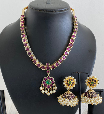 Gold tone precious kemp-green pearl necklace set dj-54519