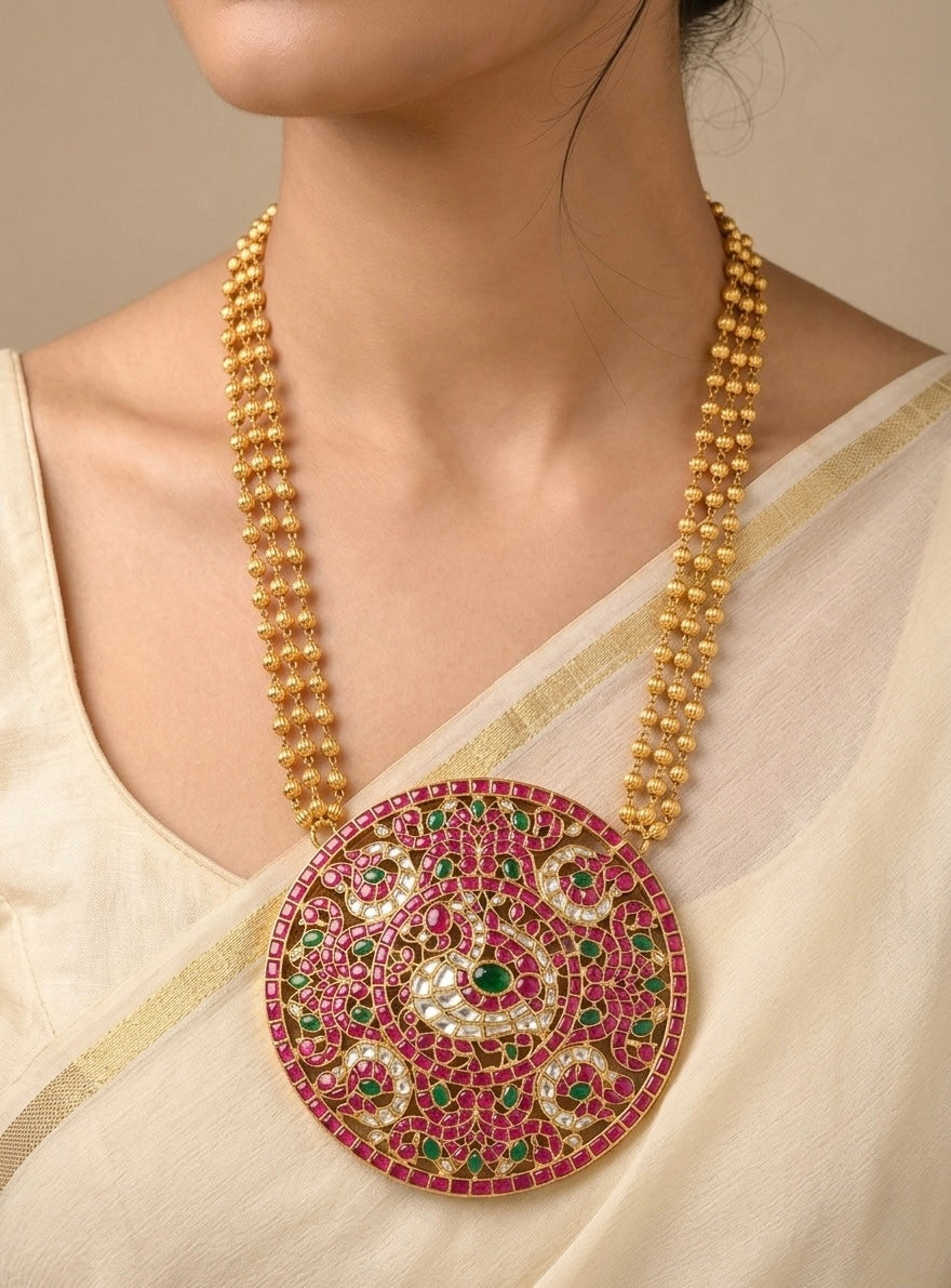 Antique gold tone big kundan jadau huge round peacock necklace dj-54516