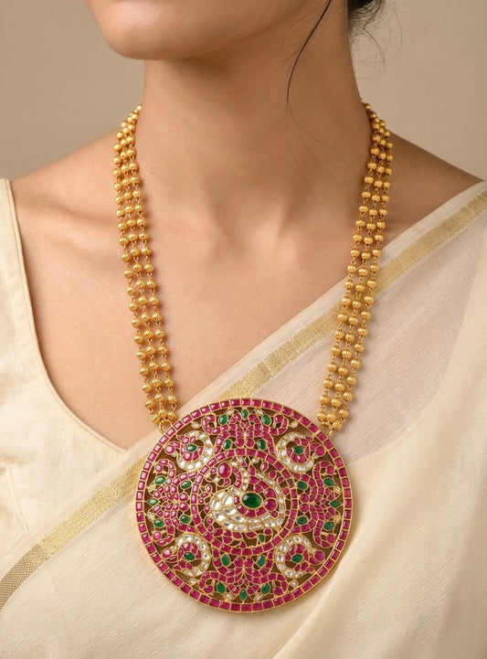 Antique gold tone big kundan jadau huge round peacock necklace dj-54516