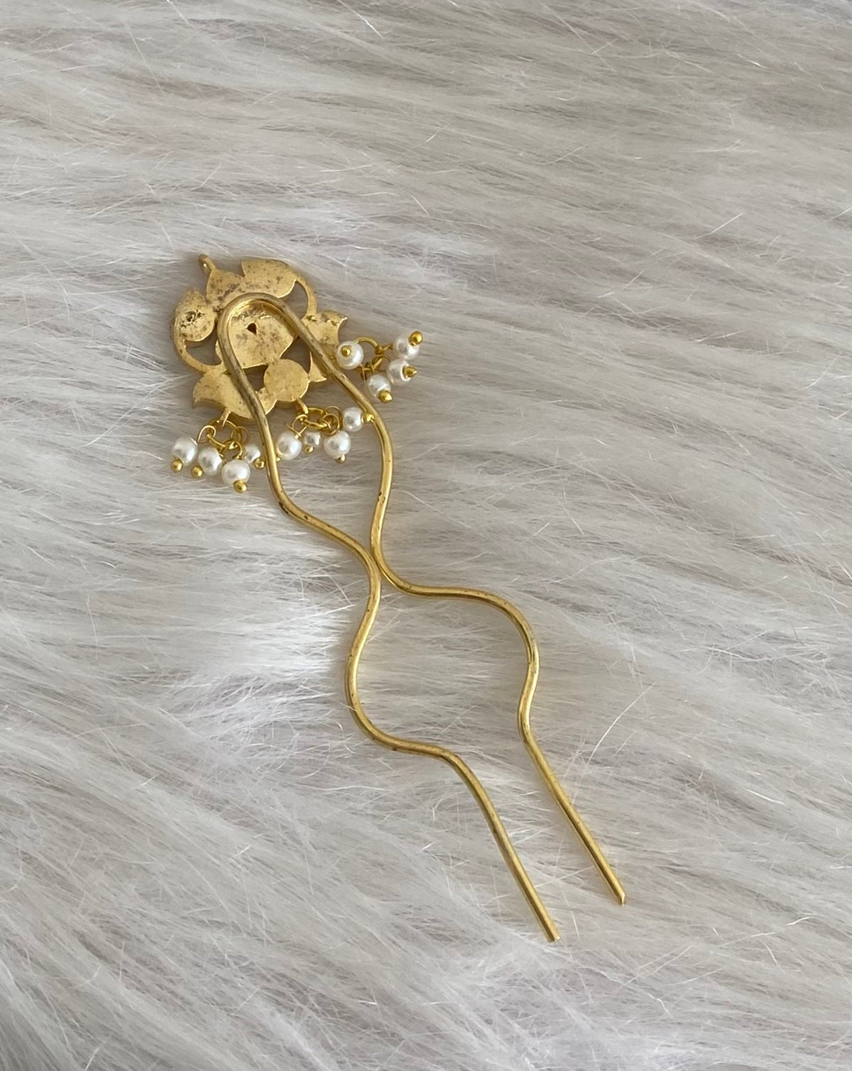 Gold tone kundan jadau kemp-green pearl hair jewel/pin dj-55063