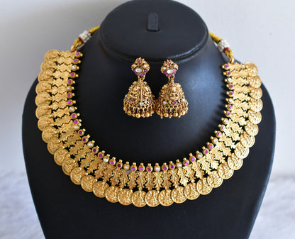 Antique gold tone pink-white lakshmi coin necklace set dj-53012