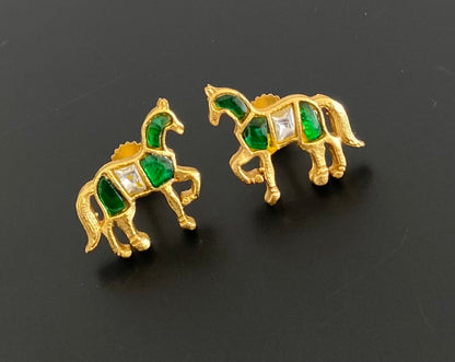 Gold tone green-white kundan jadau horse earrings dj-53543