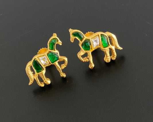 Gold tone green-white kundan jadau horse earrings dj-53543