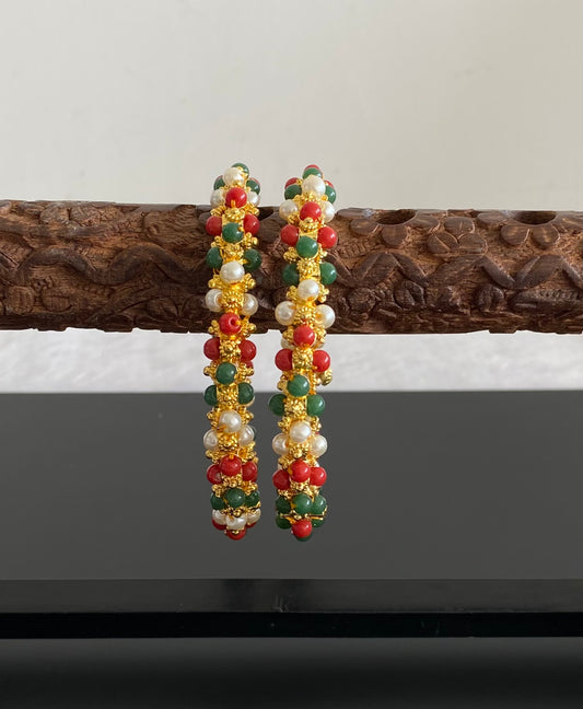 Gold tone pearl-green-coral beaded Bangles(2.8) DJ23674