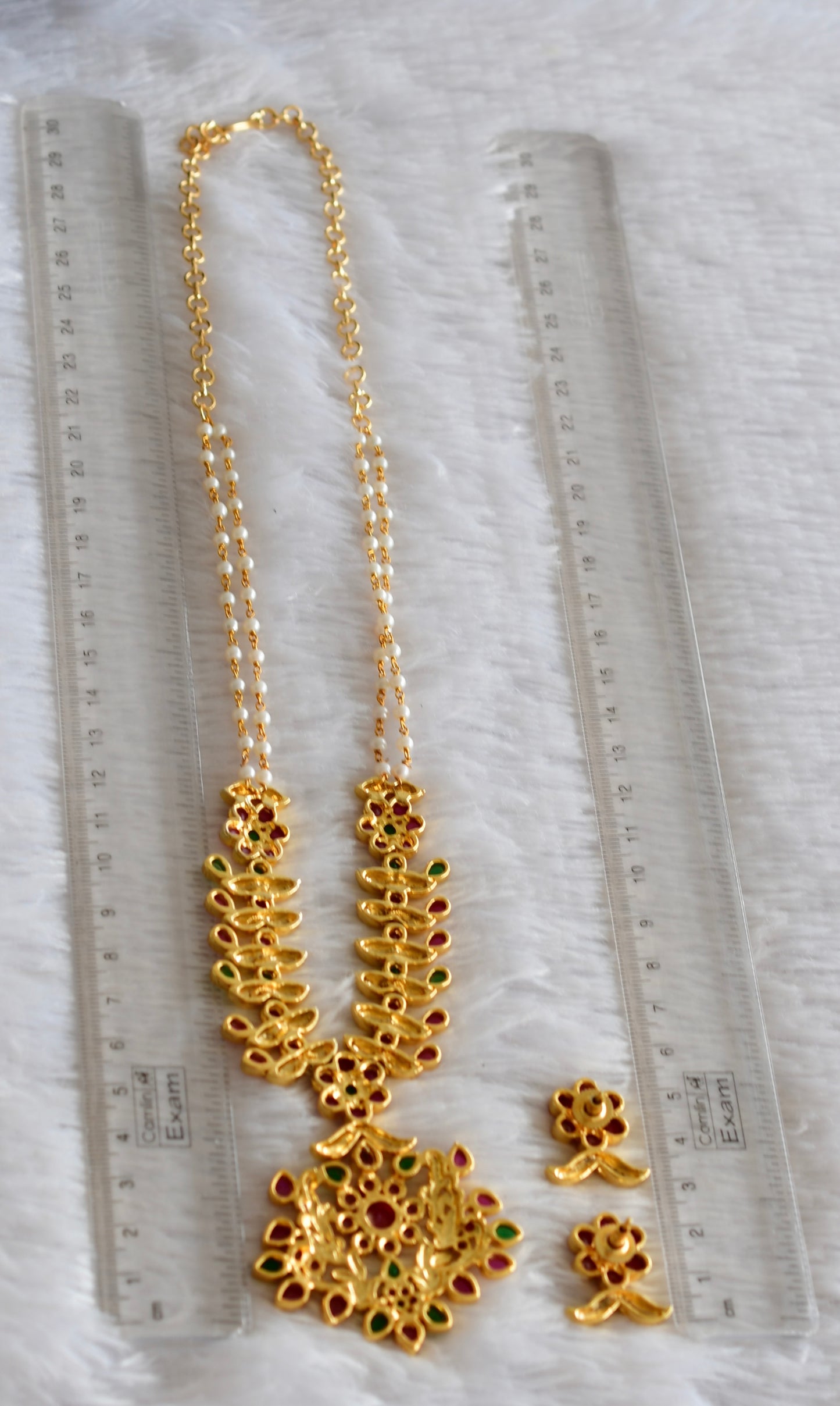 Gold tone Ruby-green pearl peacock haar set dj-51951