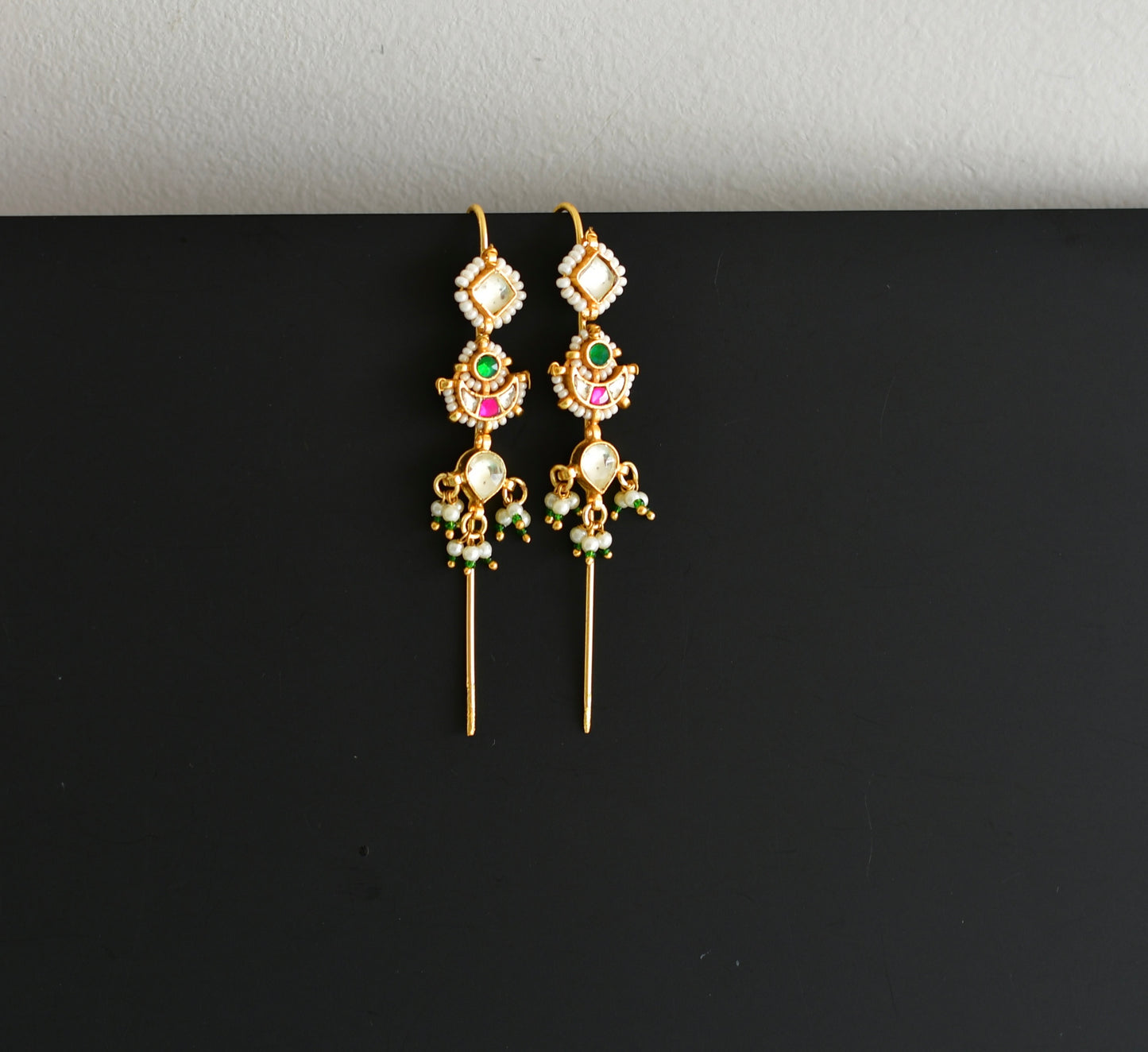 Gold tone pink-green kundan jadau moon bugadi needle earrings dj-52449