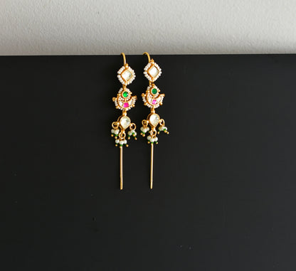 Gold tone pink-green kundan jadau moon bugadi needle earrings dj-52449