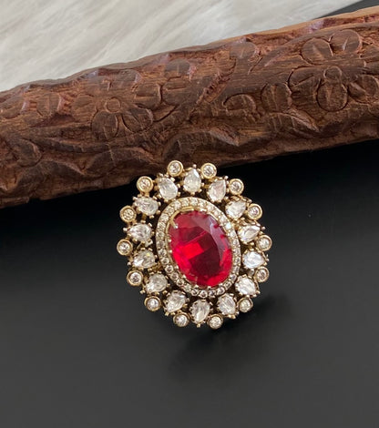 Two tone cz white-red stone finger ring dj-53683
