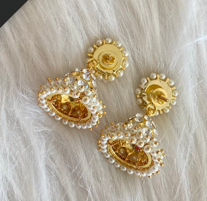 Gold tone precious white stone pearl jhumkka dj-53907