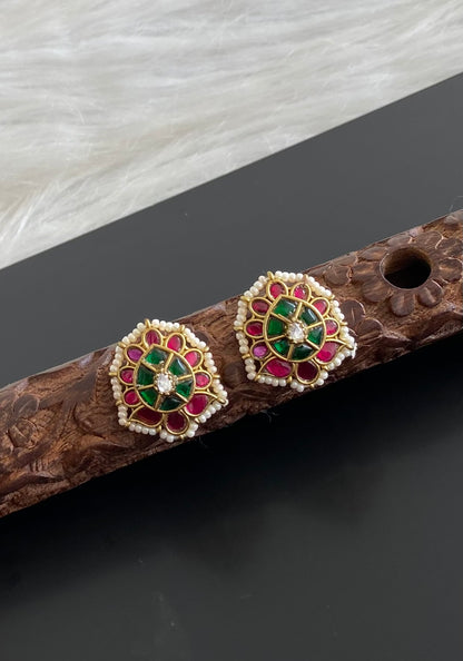 Antique gold tone pink-green-white kundan jadau stud/earrings dj-54576