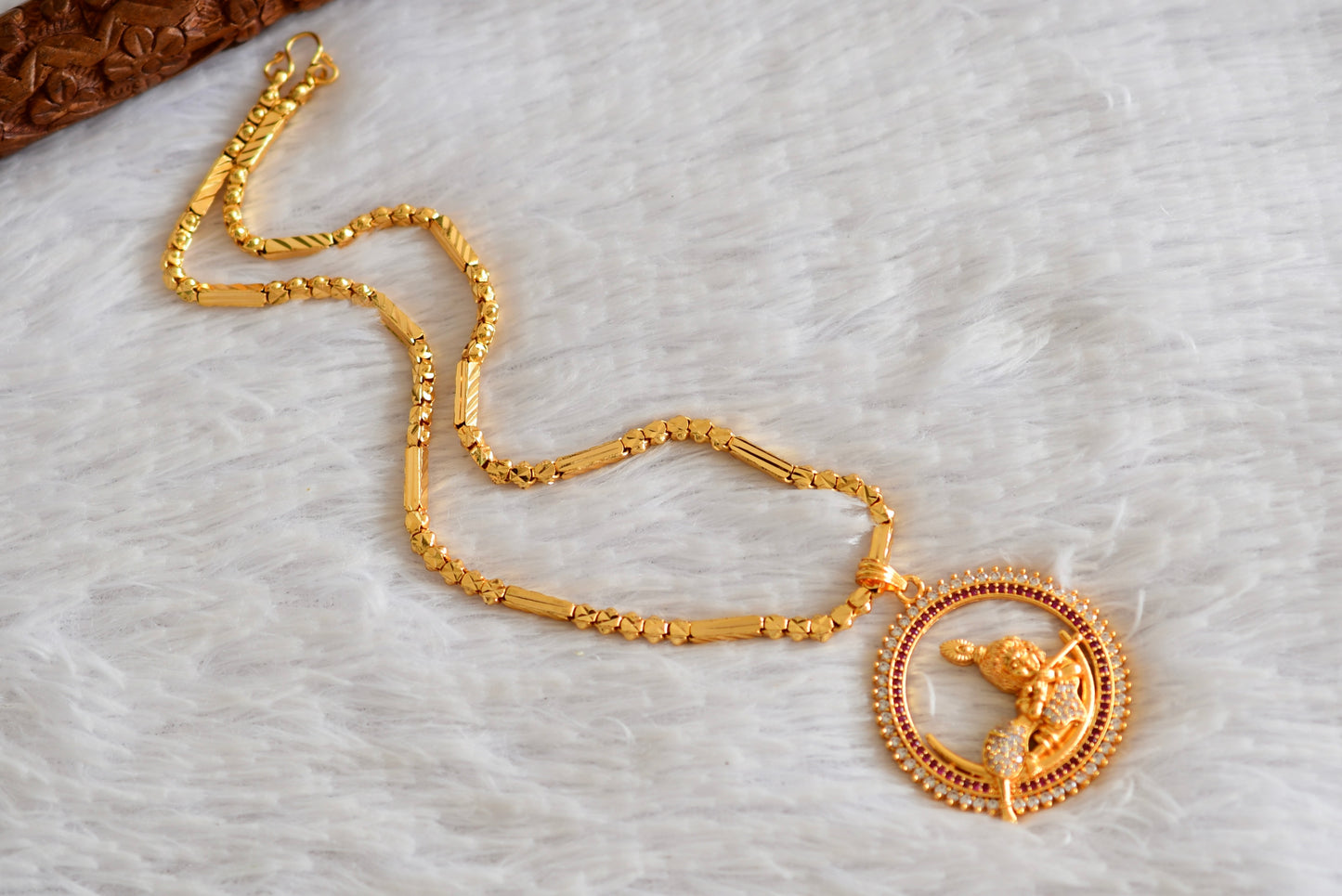 Gold tone 18 inches chain with ruby-white krishna round pendant dj-51919
