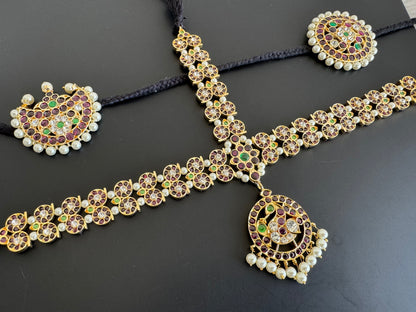 Gold tone precious kemp-green-white pearl mango head set with sun moon dj-52525