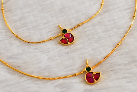 Gold tone pink-green bird kundan jadau anklets dj-52385