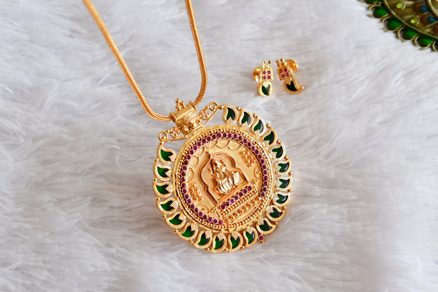 Gold tone pink stone green mango big Lakshmi pendant Kerala style necklace set dj-38559