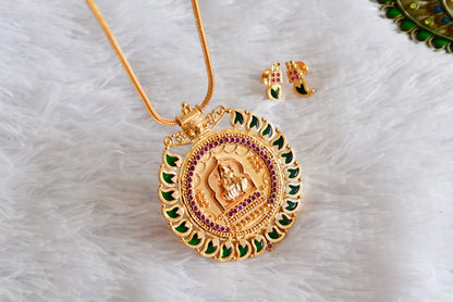 Gold tone pink stone green mango big Lakshmi pendant Kerala style necklace set dj-38559