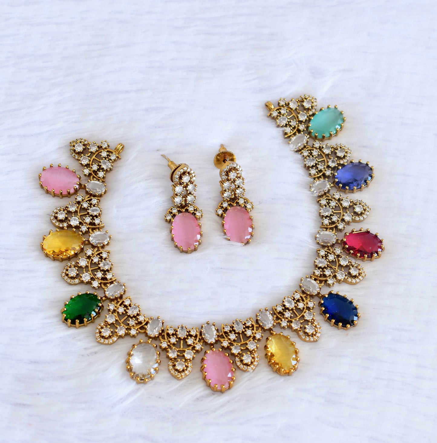 Antique gold tone cz multi colour stone necklace set dj-53016