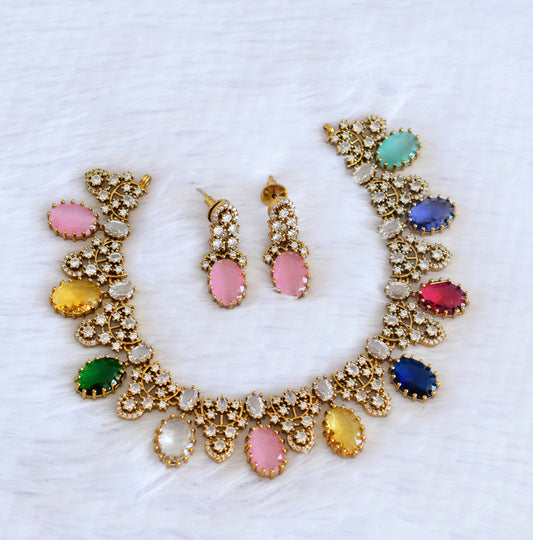 Antique gold tone cz multi colour stone necklace set dj-53016