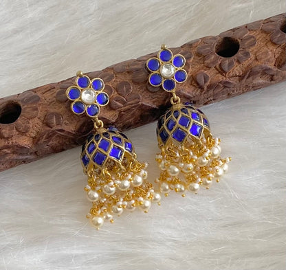 Antique gold tone blue-white stone kundan jadau pearl jhumkka  dj-54583
