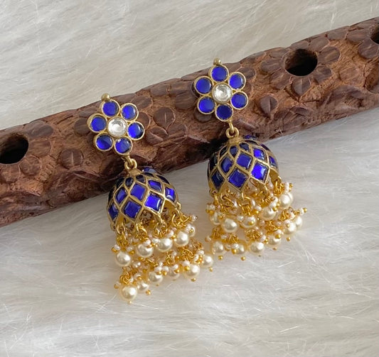 Antique gold tone blue-white stone kundan jadau pearl jhumkka  dj-54583