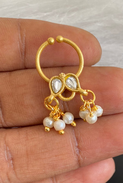 Gold tone kundan jadau white stone pearl nose pin/bulakku dj-53808