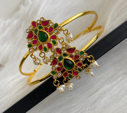 Gold tone kundan jadau kemp-green-white pearl baju band dj-53841