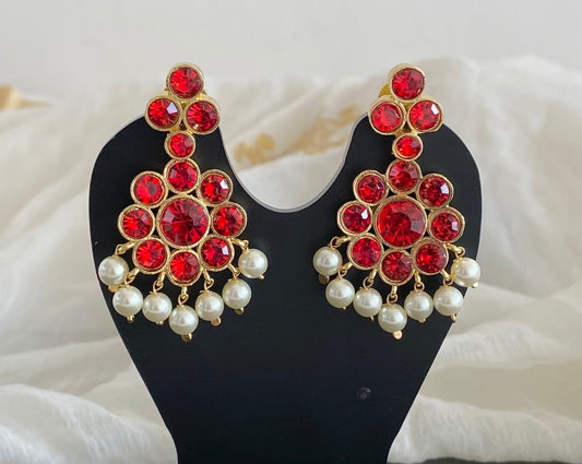 Gold tone AD red stone pearl flower earrings dj-55135