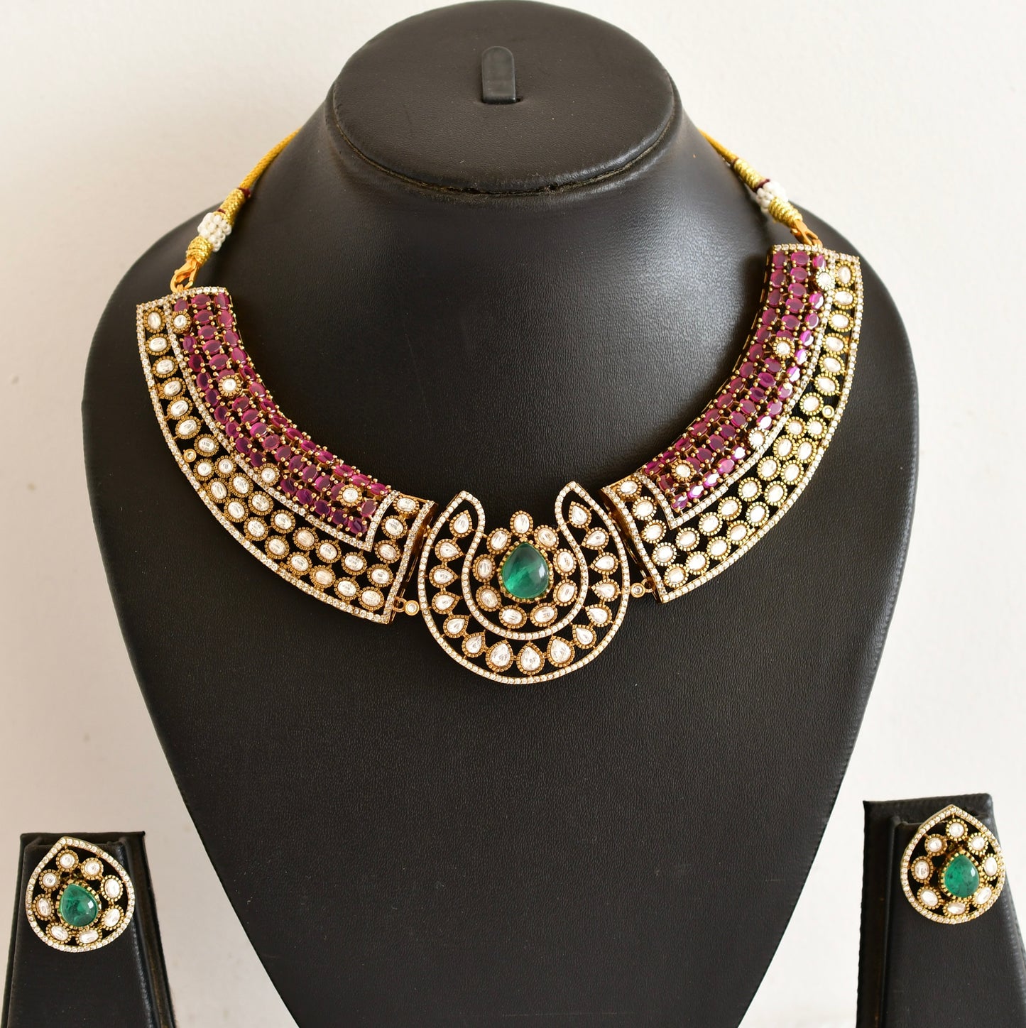 Antique gold tone ruby kundan necklace set dj-53025