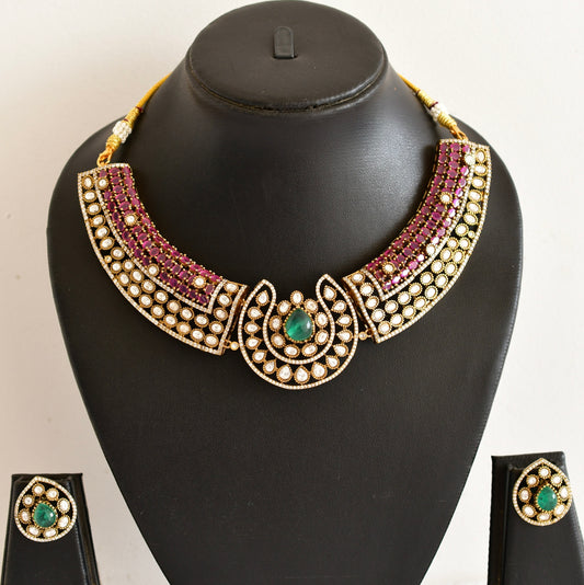 Antique gold tone ruby kundan necklace set dj-53025