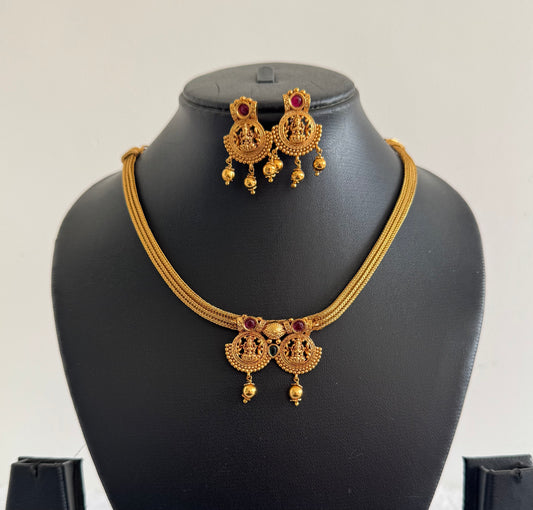 Matte finish cz kemp-green Lakshmi flower necklace set dj-52137