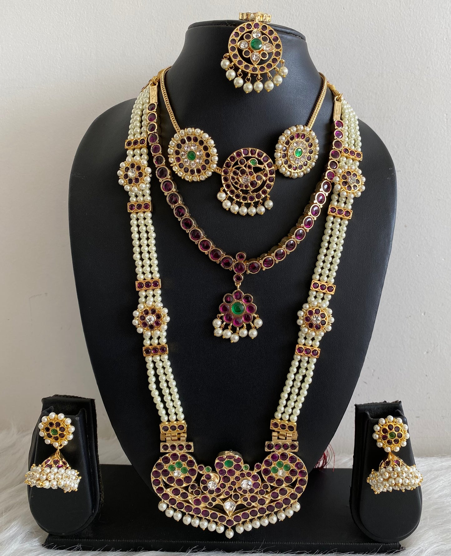 Gold tone precious kemp-green-white pearl peacock bridal set dj-53963